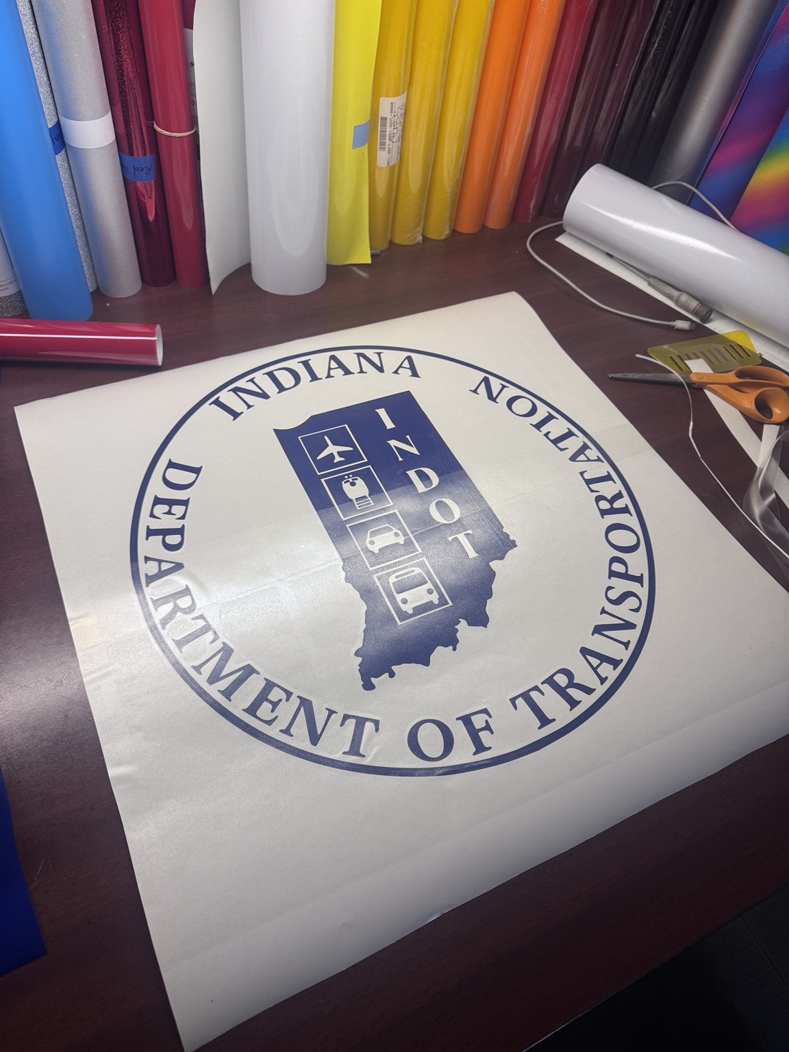 Indiana Department of Transportation vinyl decal on work table
