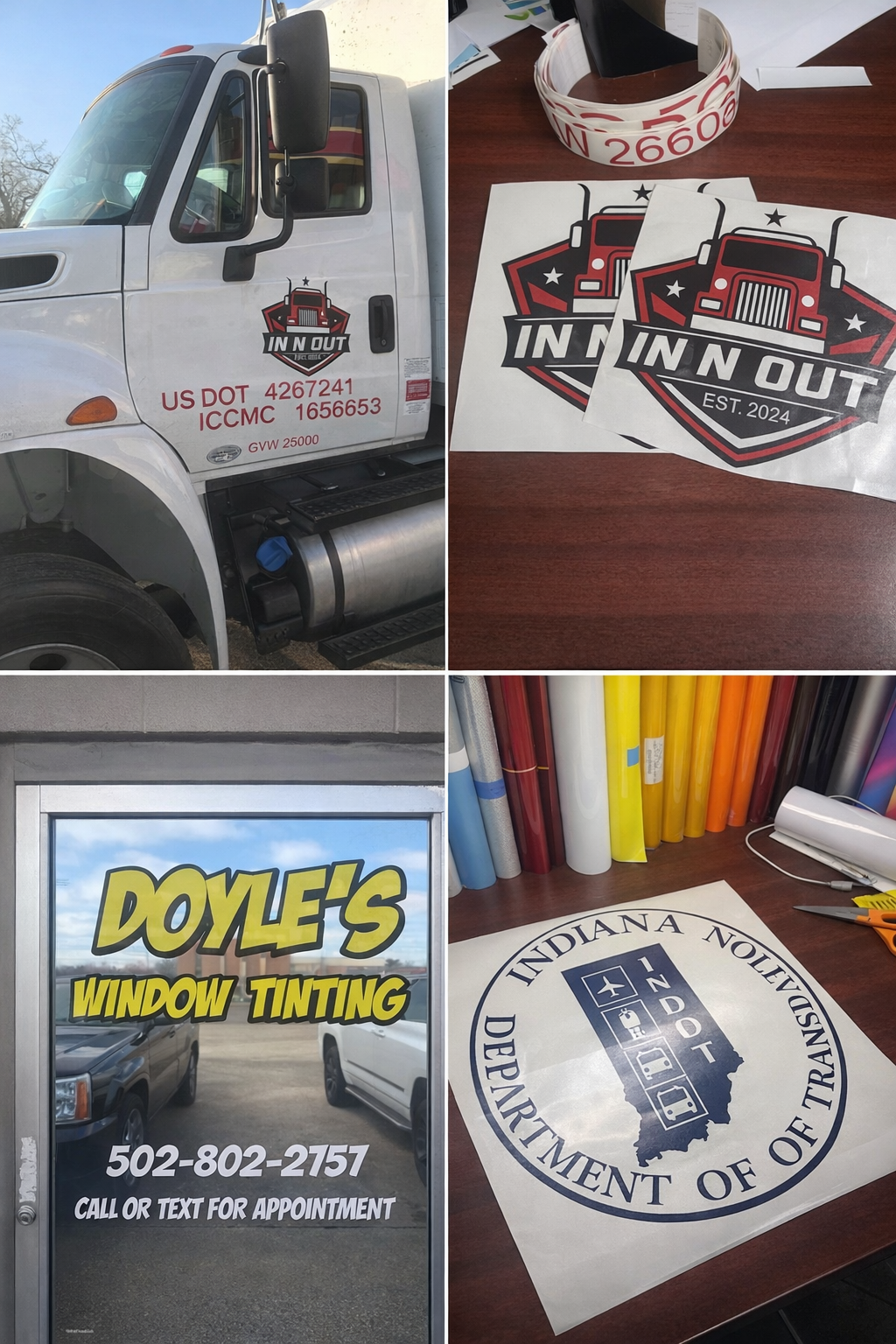 Portfolio collage showing storefront graphics, decals, and sign work
